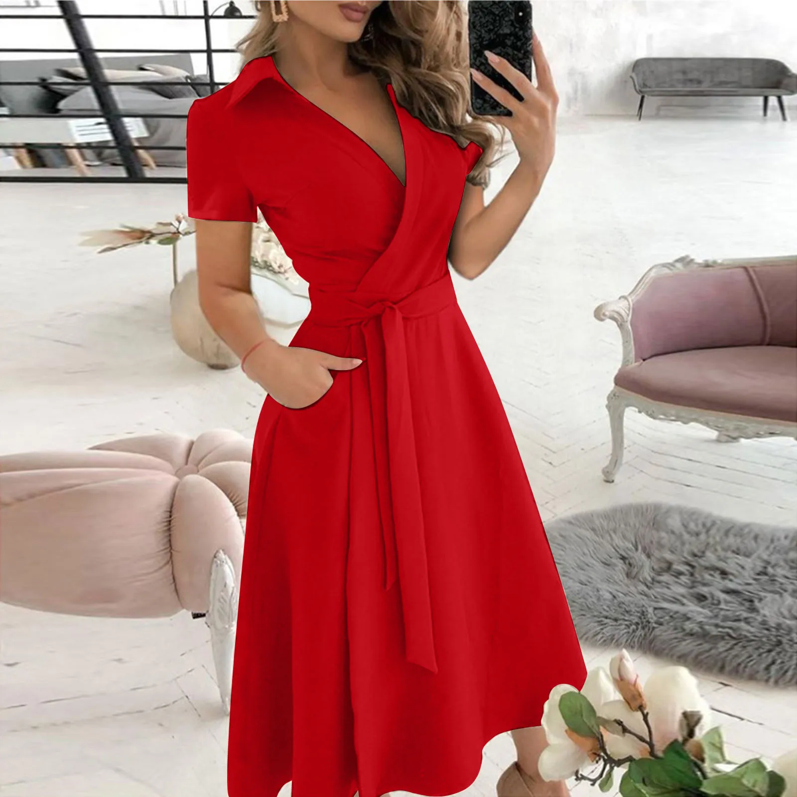 Women'S Red Formal Wear - Spring Summer Fashion Office Ruched Dress